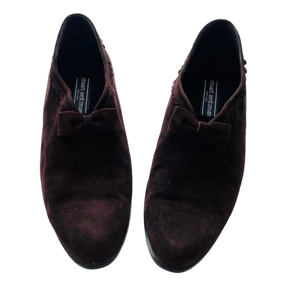 Stuart Weitzman Vintage Chocolate Suede Leather Flat‎ Bow Loafers